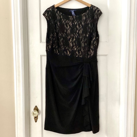 CHAPS Black party cocktail dress XL stretch sheath lace overlay Nude side Ruffle - Picture 2 of 12